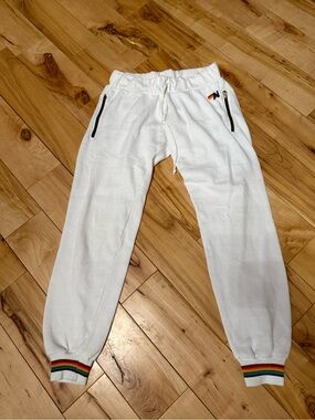 Aviator Nation White Joggers with Subtle Rainbow Tag